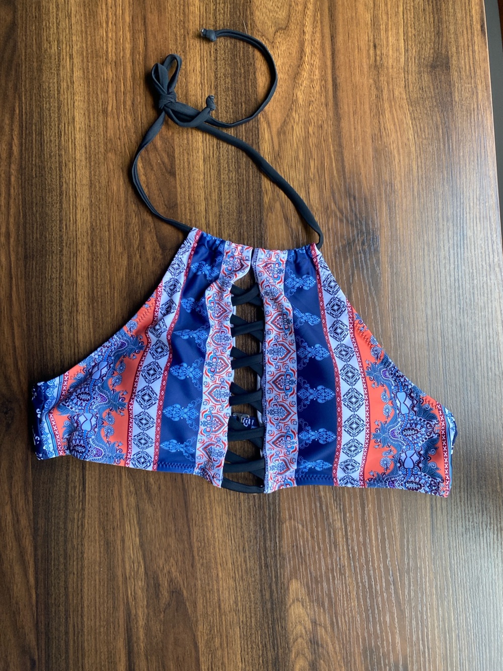 Cupshe Navy Blue and Coral Striped High Neck Bikini Top